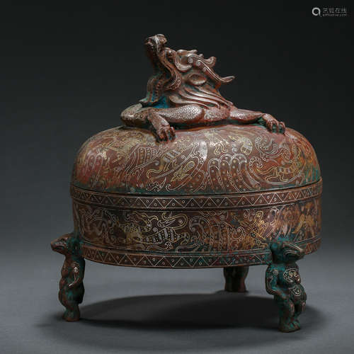 THREE LEGGED BRONZE STOVE INLAID WITH GOLD AND SILVER, ZHAN ...