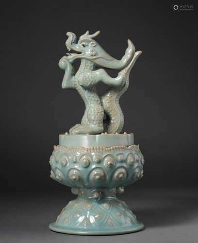 CHINESE HUTIAN WARE CELADON DRAGON PATTERN INCENSE BURNER, S...