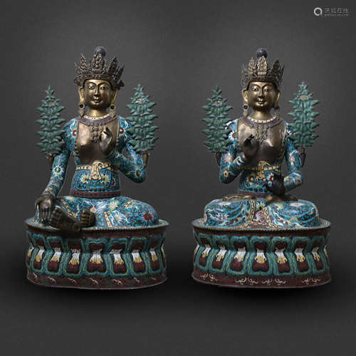 TWO COPPER ENAMEL BUDDHA STATUES , QING DYNASTY, CHINA