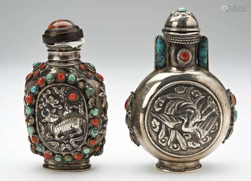 TWO TIBETAN SILVER AND HARDSTONE SNUFF BOTTLES LATE 19TH CEN...