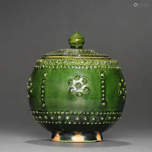 CHINESE GONGXIAN WARE GREEN GLAZED DRUM AND NAIL LID JAR, TA...