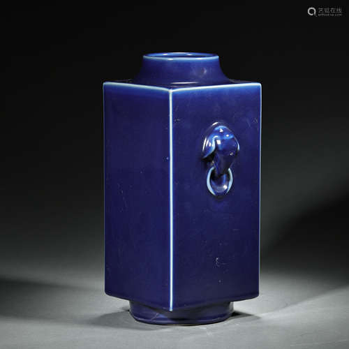 SHOUCONG STYLE BLUE GLAZE VASE WITH DOUBLE HANDLES, QING DYN...