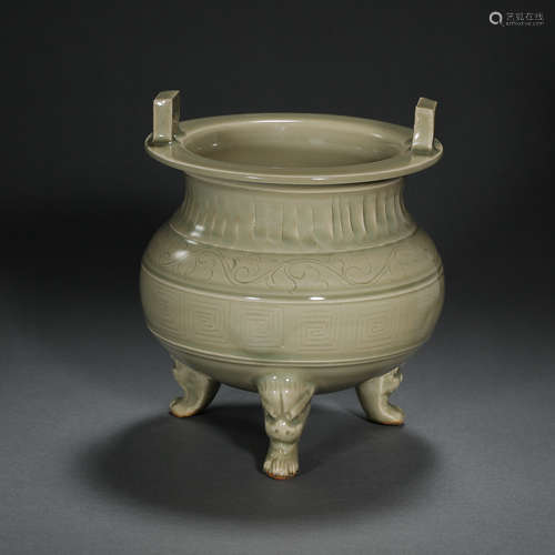 YAOZHOU WARE CELADON THREE LEGGED FURNACE, NORTHERN SONG DYN...