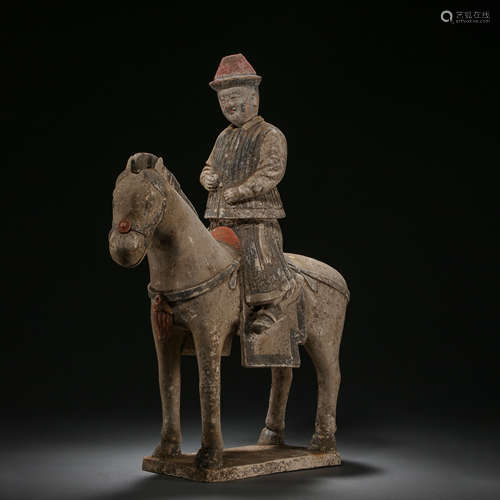 HORSE RIDING POTTERY FIGURINE, TANG DYNASTY, CHINA