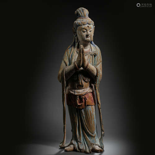 STANDING WOODEN BUDDHA STATUE, TANG DYNASTY, CHINA