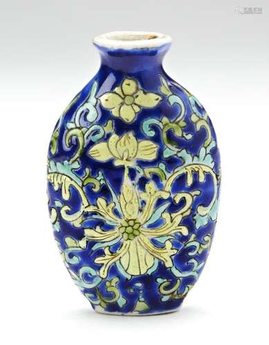 MINIATURE BLUE GROUND 'LOTUS' BOTTLE VASE LATE QING ...