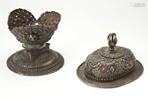 SILVER KAPALA COVER AND STAND TIBET, 19TH CENTURY with repou...