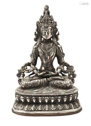 SILVER ALLOY FIGURE OF TARA QING DYNASTY OR LATER the seated...