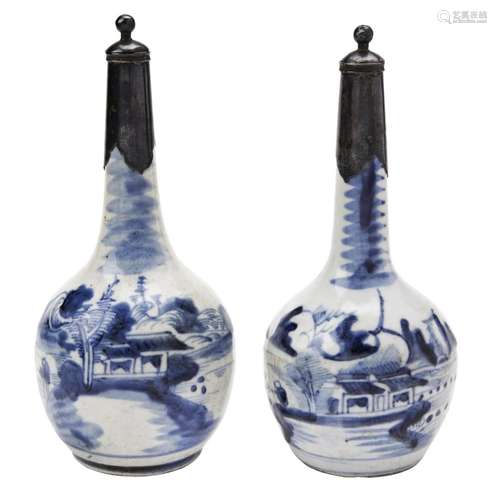 PAIR OF BLUE AND WHITE SILVER MOUNTED BOTTLE VASES POSSIBLY ...