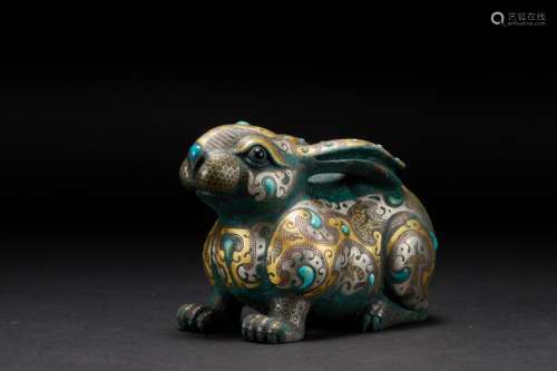 Copper inlaid gold and silver rabbit-shaped ornaments Han Dy...