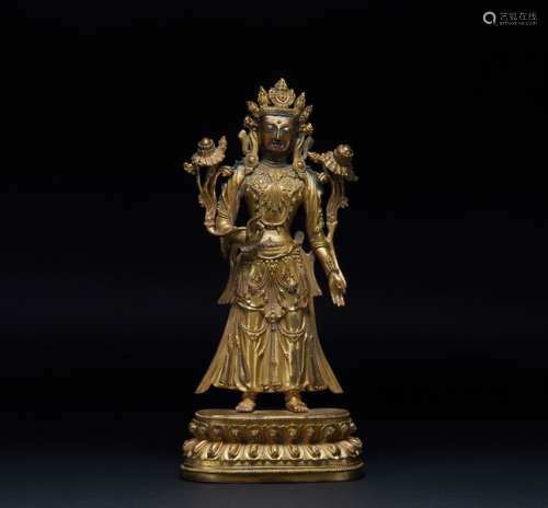 Standing Gilt Bronze Guanyin Statue in Qing Dynasty