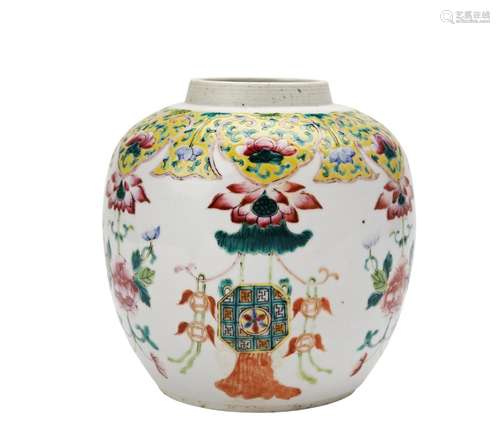 FAMILLE ROSE GINGER JAR LATE QING DYNASTY the ovoid sides pa...