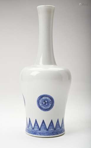 BLUE AND WHITE BOTTLE VASE decorated with stylized medallion...