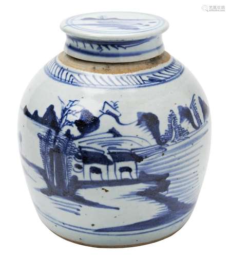 BLUE AND WHITE GINGER JAR AND COVER  QING DYNASTY decorated ...