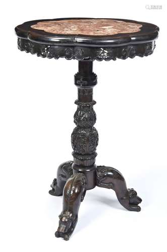 FINE HONGMU AND MARBLE INSET TRIPOD TABLE QING DYNASTY, 19TH...