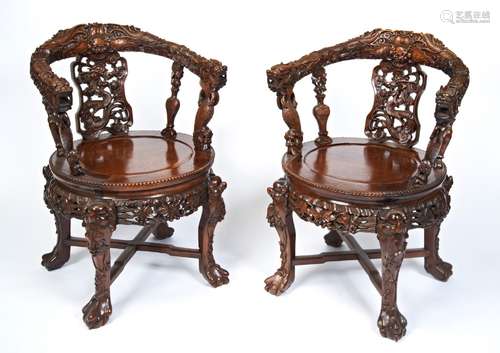 IMPRESSIVE PAIR OF CARVED HONGMU 'DRAGON' ARMCHAIRS ...