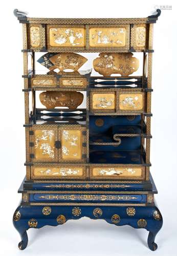 UNUSUAL JAPANESE BLUE LACQUER AND SHIBAYAMA  CABINET ME...