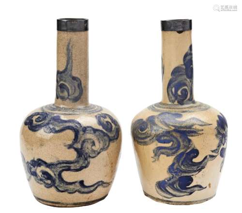 PAIR OF KOREAN BLUE AND WHITE BOTTLE VASES 17TH / 18TH CENTU...