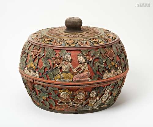 CARVED POLYCHROME PAINTED CIRCULAR BOX AND COVER INDONESIAN,...