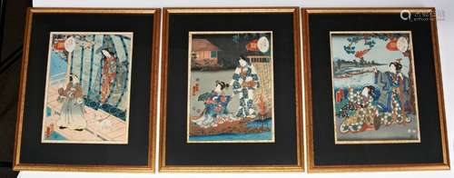 SET OF THREE JAPANESE WOODBLOCK PRINTS SIGNED KUNISADA, LATE...