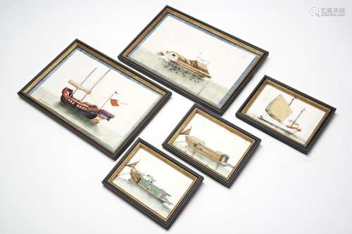 FIVE PITH PAPER PAINTINGS LATE QING DYNASTY depicting boats ...