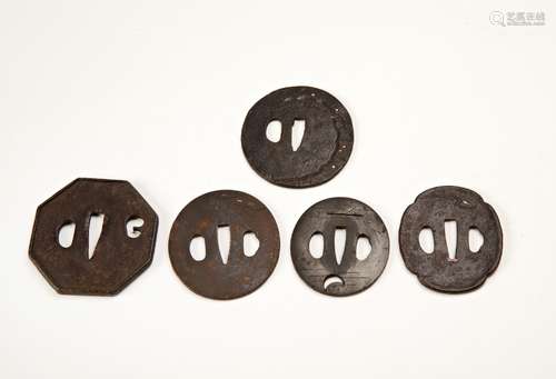 GROUP OF FIVE JAPANESE IRON TSUBA EDO PERIOD largest, 7cm wi...