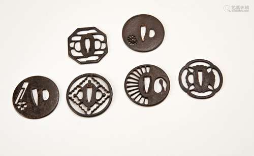 GROUP OF SIX JAPANESE IRON TSUBA EDO PERIOD each of openwork...