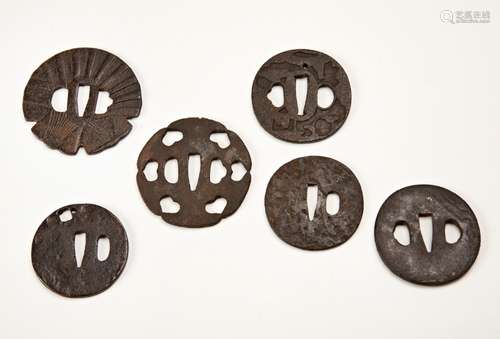 GROUP OF SIX JAPANESE IRON TSUBA EDO PERIOD largest, 8.5cm w...