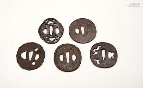 GROUP OF FIVE IRON TSUBA EDO PERIOD 7cm wide, smallest 6.5cm...