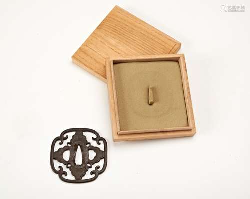 JAPANESE IRON HOLLOW TSUBA EDO PERIOD with fitted box 8cm wi...