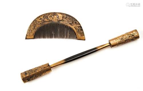 JAPANESE GILT-DECORATED COMB AND HAIR PIN SET EDO PERIOD wit...