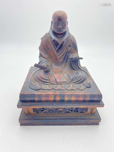 FINE JAPANESE LACQUER WOOD FIGURE OF A SEATED MONK LATE EDO ...