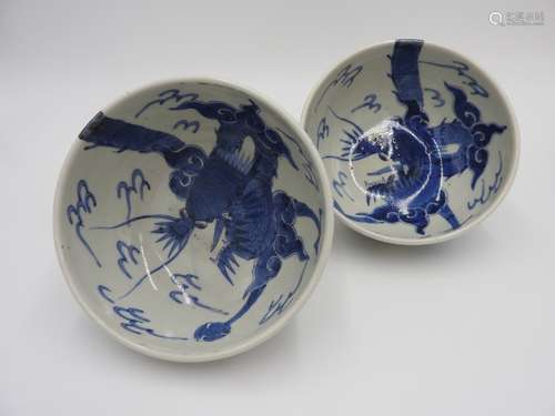 PAIR OF IMARI BLUE AND WHITE DEEP BOWLS 18TH CENTURY painted...