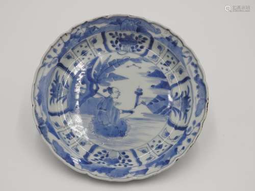 JAPANESE IMARI BLUE AND WHITE KRAAK STYLE ROBED PLATE 18TH C...