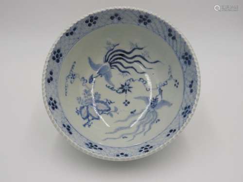 JAPANESE IMARI BLUE AND WHITE DEEP BOWL EDO PERIOD painted i...