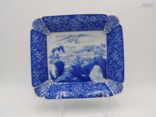 JAPANESE BLUE AND WHITE SQUARE FORM DISH MEIJI PERIOD painte...