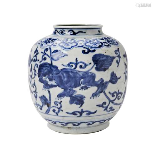 SMALL BLUE AND WHITE 'LIONS' JAR the baluster sides ...