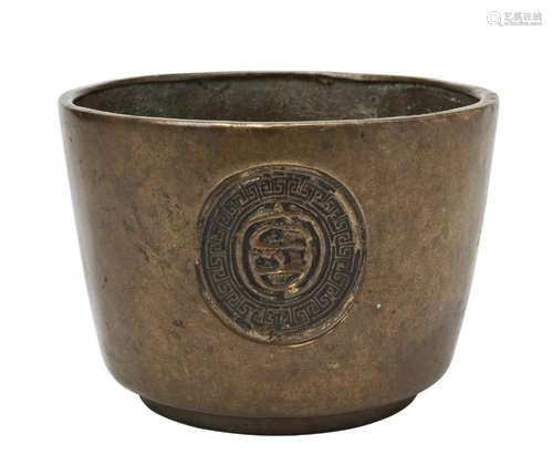 LARGE BRONZE CENSER  QING DYNASTY the cylindrical sides moul...