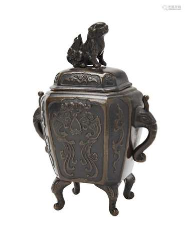 BRONZE COVERED CENSER  QING DYNASTY of square form raised on...