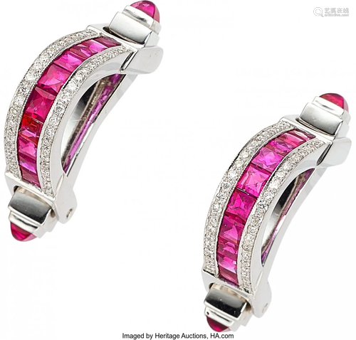 Ruby, Diamond, White Gold Cuff Links Stones: Sq