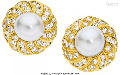 South Sea Cultured Pearl, Diamond, Gold Earrings