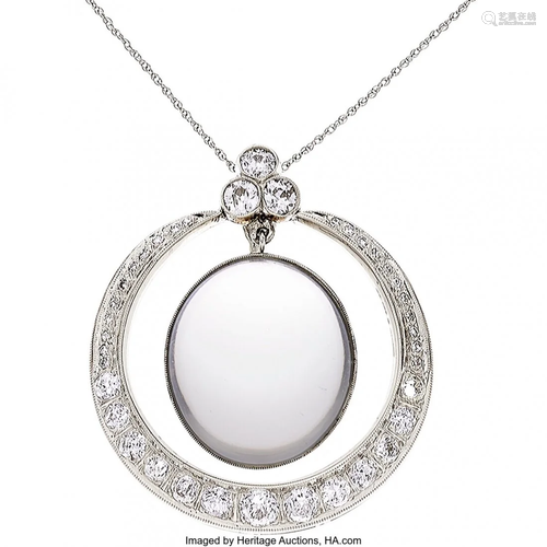 Moonstone, Diamond, White Gold Pendant-Necklace