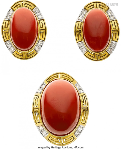 Coral, Diamond, Gold Jewelry Suite Stones: Oval