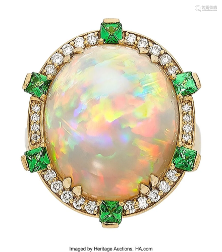 Opal, Diamond, Tsavorite Garnet, Gold Ring Ston