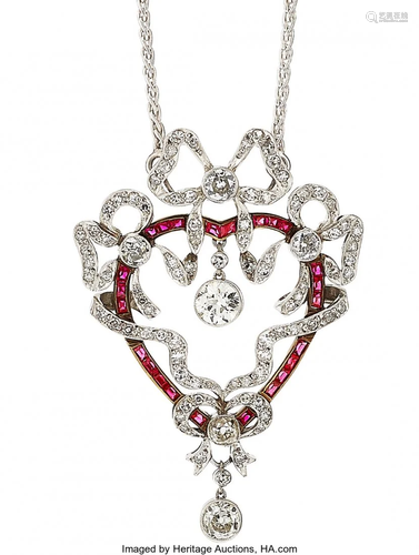 Antique Diamond, Ruby, Platinum, Gold Necklace