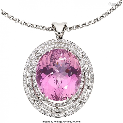 Kunzite, Diamond, White Gold Pendant-Necklace