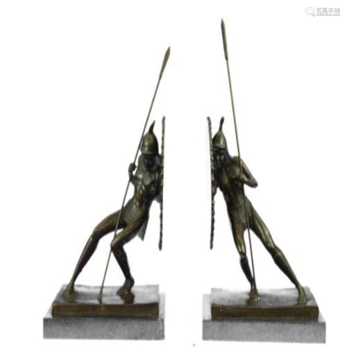 Pair Two Japanese Warrior with Shield Bronze Sculpture