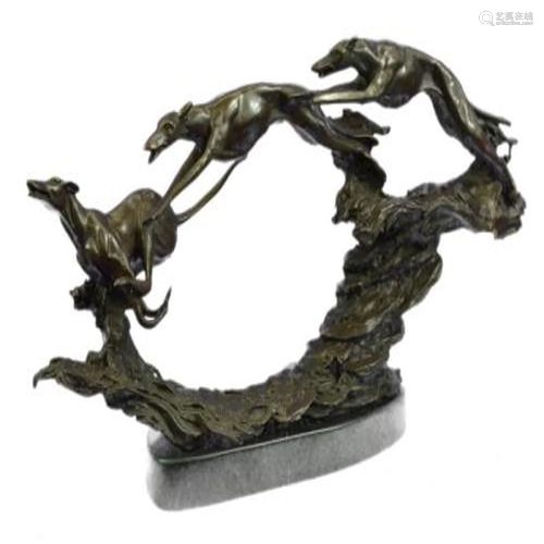 Three Wild Dogs Running on Marble Base Bronze Sculpture