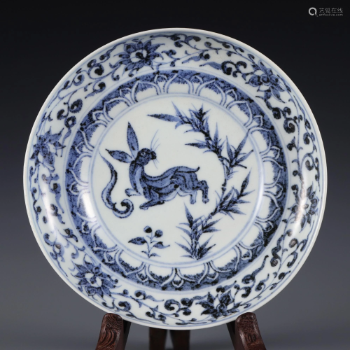 A Blue and White Rabbit Plate