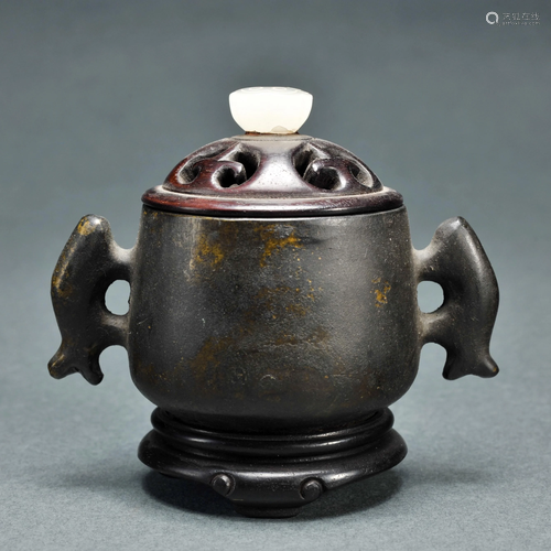 A Bronze Censer with Double Handles with Wooden Stand